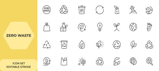 Zero Waste web icon set in linear style. Editable stroke collection of eco-friendly line icons featuring waste management, recycling, composting, trash, pollution, landfill, sorting, and more.