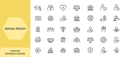 Line Style Social Policy Icon Set – Editable Stroke Collection of Linear Social Services Icons Including Education, Family, Healthcare, Law, Protection, Insurance, Reform, and More