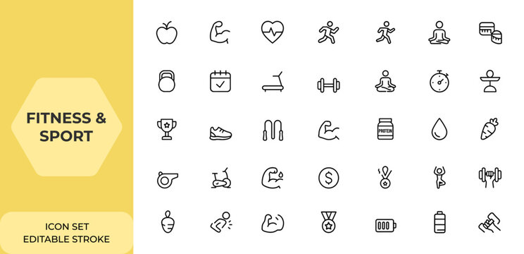 Fitness and sport line style icon set for web and mobile apps. Editable stroke gym icons featuring healthy lifestyle, workout, exercise, diet, nutrition, weight training, body care, wellness and more.