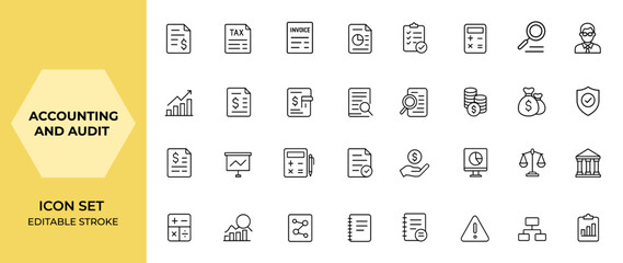 Accounting and audit icon set in line style for web and mobile apps. Includes finance report, tax return, invoice, inspection, auditing, accounting, and more.