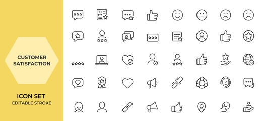 Web icons set for customer satisfaction in line style. Client feedback and testimonial icons for mobile and web apps, including rating, review, like, dislike, customer experience, and more.