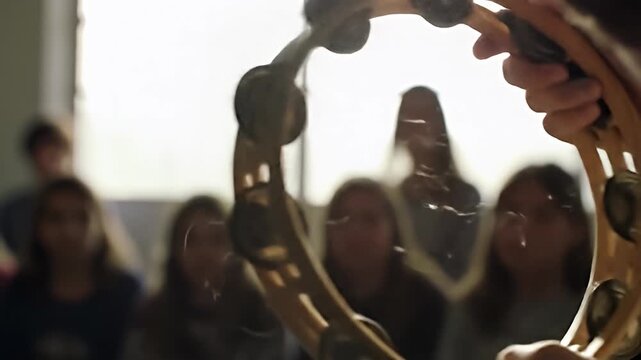Hand reaching to a tambourine with blurred faces reflected from a bright room