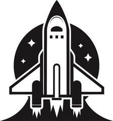 Black and white graphic of a rocket launching with stars and a planet space