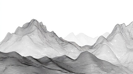 Abstract black mountain line art background. Minimalist landscape on white wallpaper with hills, wavy and curved line in hand drawn pattern. Design for cover, banner, print, wall art, decoration., no
