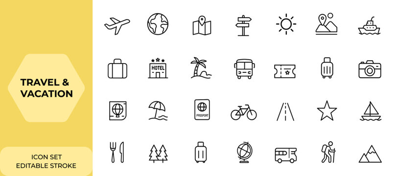 Travel and vacation icon collection with editable stroke. Tourism and travel thin line icon set. Vector illustration, holiday, journey, explore, destination, adventure, tourism, trip, summer