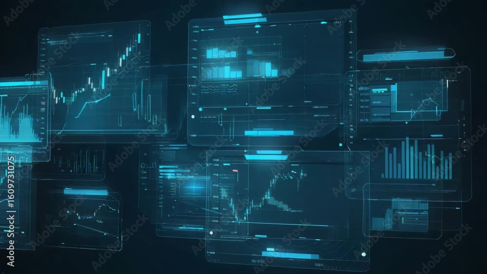 Poster futuristic digital interface visualization: abstract blue network overlay with dynamic data flow and