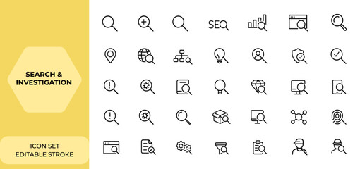 Linear style web icon set for search and investigation. Editable stroke magnifying glass icons including SEO, digital marketing, data analysis, find, management, and more collection and more.