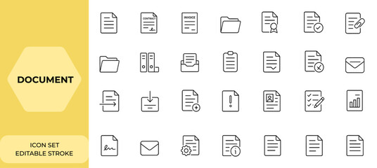 Web document icon set in linear style. Editable stroke icons collection of contracts, invoices, certificates, folders, archive, clipboard, approval, accept, and more, office, business, paperwork