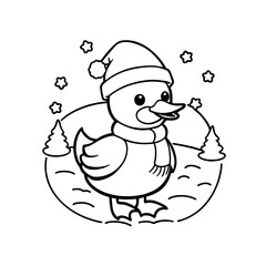 A cheerful cartoon duck wearing a Santa hat and scarf stands in a snowy winter landscape with small fir trees and stars.