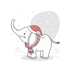 A cute cartoon elephant wearing a Santa hat and striped scarf, standing in a snowy winter scene with falling snowflakes.