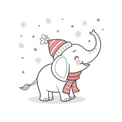 A cute cartoon baby elephant wearing a striped pink winter hat and scarf, with its trunk raised, enjoying falling snowflakes.
