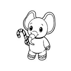 A cute cartoon baby elephant holding a striped candy cane in its trunk, depicted in black and white line art.