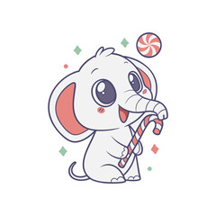 A cute cartoon baby elephant joyfully holds a striped candy cane with its trunk, surrounded by festive sweet treats.