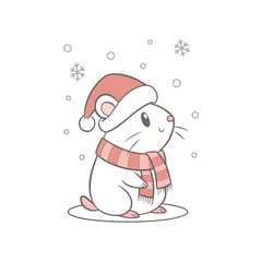 A charming white cartoon mouse wearing a red Santa hat and striped scarf, surrounded by falling snowflakes.