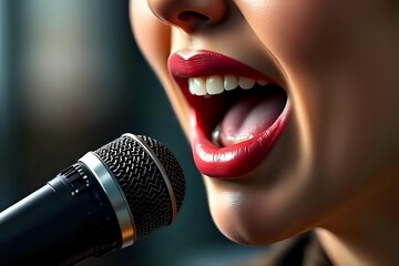 image en très gros plan d'une bouche maquillée de femme qui parle devant un micro
