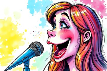 illustration caricaturale très colorée d'une femme qui chante sur scène
