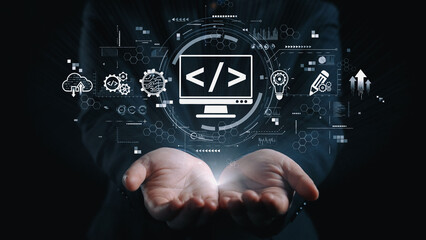 Modern web development concept featuring coding symbols, web development process, web development interface, and web development tools with futuristic design. Elide