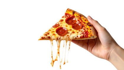 Hand holding a dripping slice of pepperoni pizza with melted cheese
