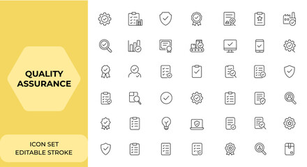 Quality assurance and inspection icons set in line style for web and mobile app. Includes quality control, evaluation, certificate, production, testing, computing, and more, reliability