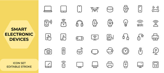 Smart electronic devices and gadgets icon set in line style for web and mobile apps. Includes laptop, tablet, smartphone, drone, computer monitor, technology vector illustration and more.