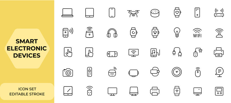Smart electronic devices and gadgets icon set in line style for web and mobile apps. Includes laptop, tablet, smartphone, drone, computer monitor, technology vector illustration and more.