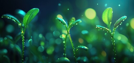 Young green sprouts with dew drops dark background with bokeh