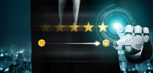 Fototapeta premium AI analyzes customer satisfaction by evaluating feedback, detecting sentiment, scoring reviews, and identifying trends to improve user experience and service. Vouch