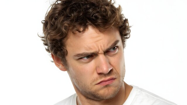 Intense Scrutiny: Close-up portrait of a person looking with a dubious and scrutinizing expression, exuding an air of disapproval and skepticism.