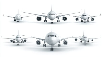 Aircraft, airplane, airliner in different point of view vector. Set of air plane front side and top illustration., no logos, no brands