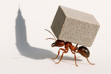 An ant carries a heavy brick with the shadow of a skyscraper. Space for text.