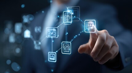 Digital banking, with a businessman managing online banking and payments, finance, and banking networks. Focus areas include AI, fintech, customer networking, digital marketing, cybersecurity