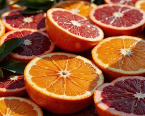 Close up of fresh sliced blood oranges and regular oranges with vibrant colors