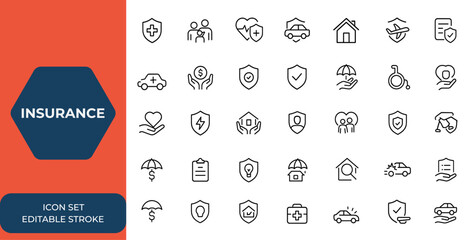 Web and mobile app insurance icons set in line style. Vector illustration of assurance and protection for health, life, car, home, travel, property insurance and more, safety coverage, and more.