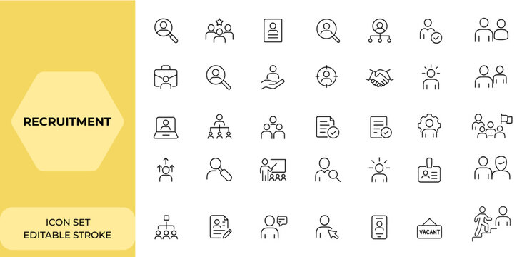 Editable stroke recruitment icon set, thin line vector illustration for headhunting and hiring, modern hiring symbols, talent acquisition, job search icons, HR tools, employment, careers, and more.