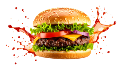 Juicy cheeseburger with a splash of sauce on a transparent background