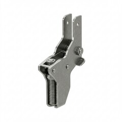 A detailed macro shot of a stainless steel spring-loaded clamp mechanism, an industrial component for manufacturing and machinery.