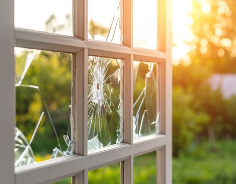 Broken window pane in sunlight