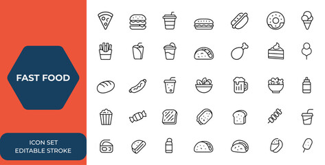 Line style fast food web icon set. Editable stroke linear collection of food and drink icons including pizza, burger, hot dog, coffee, sandwich, kabab, donut, ice cream, fries, and more.