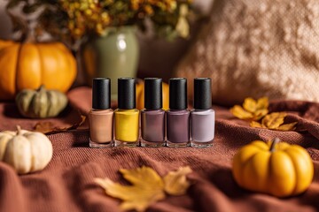 Autumn nail polish collection displayed among pumpkins and leaves for seasonal inspiration