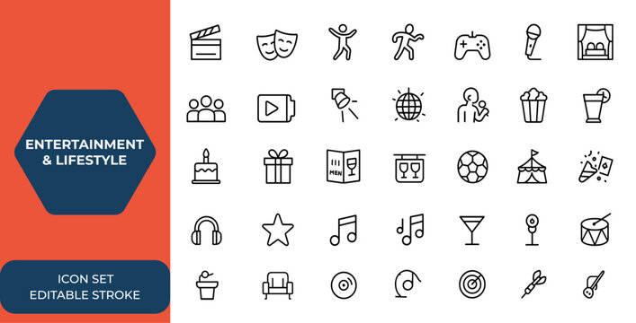 Entertainment and lifestyle icon set in line style for web and mobile apps: cinema, theater, video, dance, game. Vector illustration collection for digital projects, UI design and more.