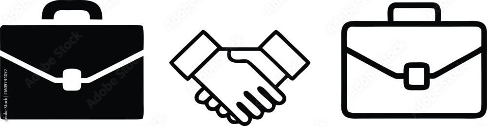 Poster black briefcase handshake outline briefcase white vector bundle collection set pack object template 