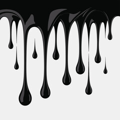 Thick black liquid dripping and forming drops against a white background