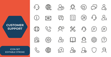 Customer Support and Service line icons set for web and mobile apps. Help, contact, online assistance, feedback, helpdesk, email, 24 hrs support, assistance, customer care, service. and more.