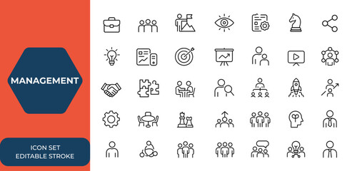 Management web and mobile app icons set in line style: business, teamwork, mission, vision, planning, marketing, strategy, media. Vector illustration, corporate workflow, project. and more. © Vintage studio