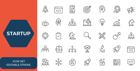 Startup icons set for Web and mobile app development in line style. innovation, business, marketing, strategy, vision, concept, idea icons for digital projects, UI design, technology.