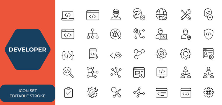 Developer icons set for web and mobile apps in line style. Coding, programmer, API, web development, bug fix, code flow, node connect, web coder vector illustration, UI design and more.