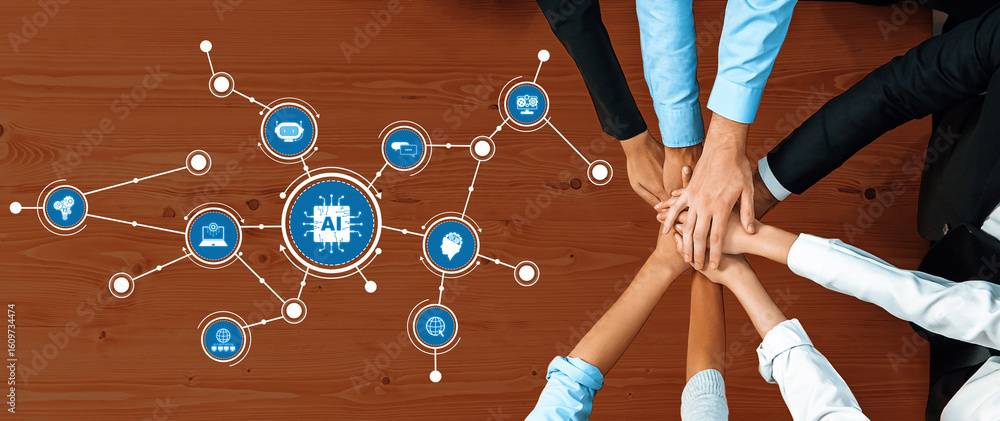Poster a diverse business team collaboratively discussing artificial intelligence concepts in a modern offi