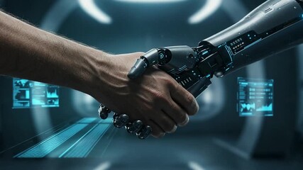 Human and Robot Handshake: Futuristic Collaboration Technology Integration Artificial Intelligence. - Powered by Adobe