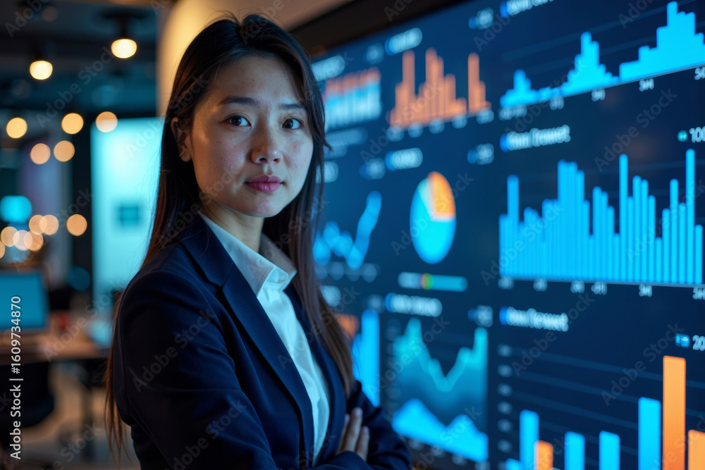 Poster a confident female analyst posing in front of a wall-sized data dashboard showing real-time financia