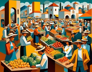 Vibrant Outdoor Farmers Market Scene With Shoppers and Fresh Produce Stalls
